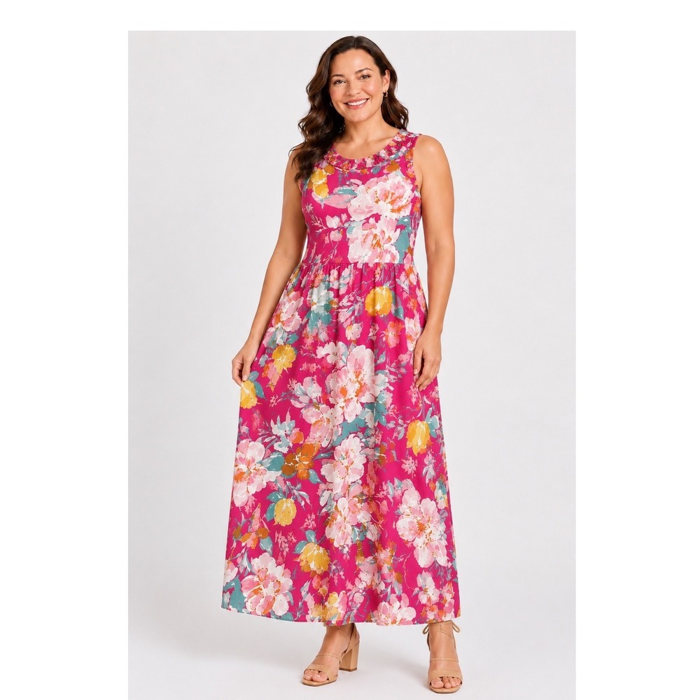Emery Rose XL Pink Floral Maxi Dress Ruffle Neck Sleeveless Boho Summer NWT